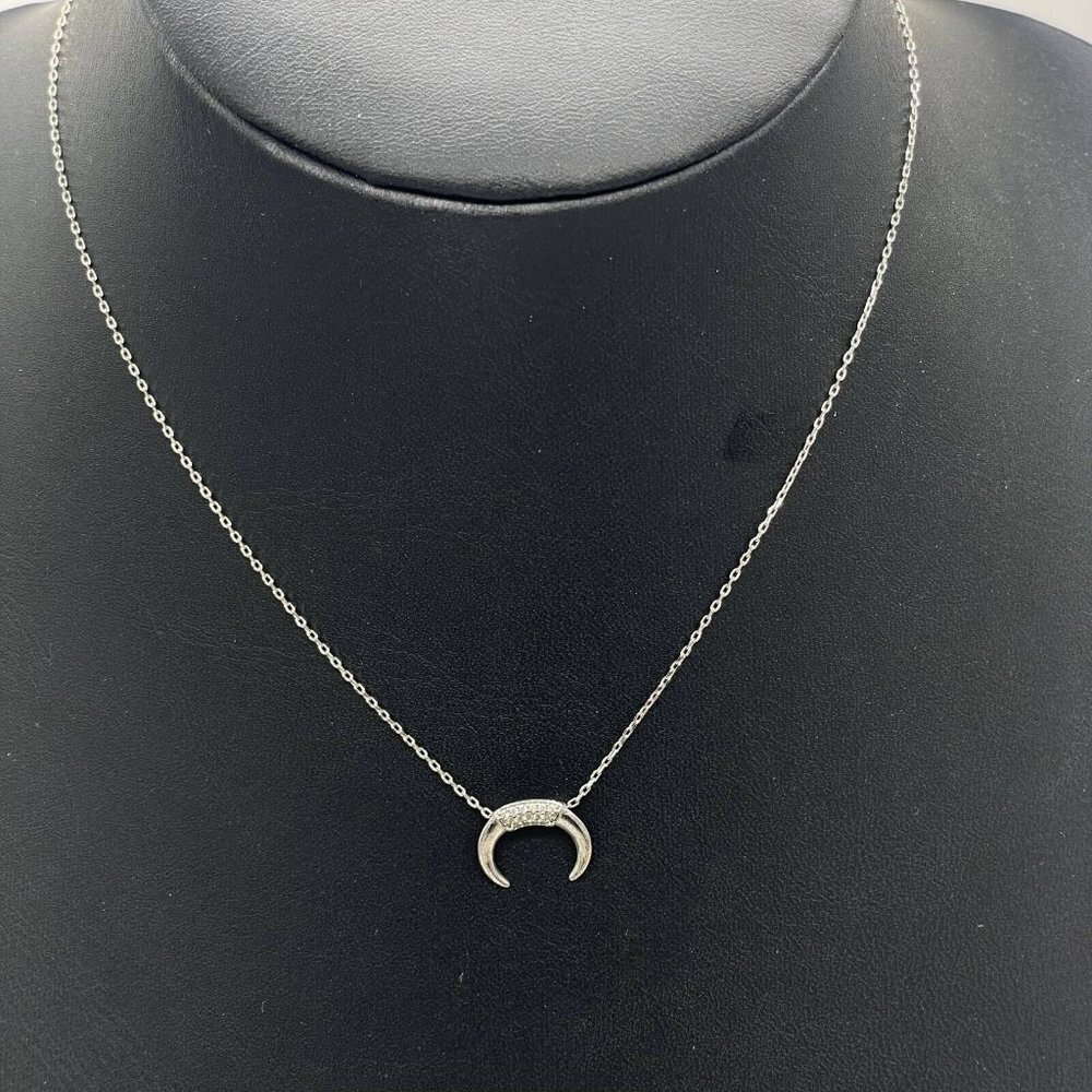 SB Rhinestone Moon Pendant Chain Necklace Spring Ring Silver Tone 16-18 Inches